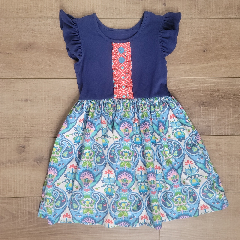 Eleanor Rose Rhonda Dress Blue Paisley Ruffle Boutique Twirl Girls Size 6/7